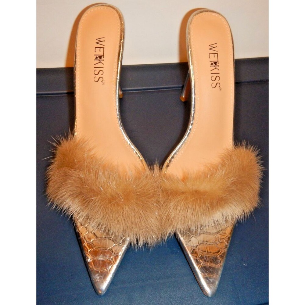 WETKISS Womens 10 Silver Croc Fur Strap Pointed Toe Stiletto Mules Slide Heels